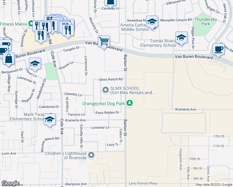 map of restaurants, bars, coffee shops, grocery stores, and more near 19933 San Luis Rey Lane in Riverside
