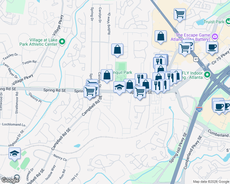 map of restaurants, bars, coffee shops, grocery stores, and more near Spring Rd SE & Park Rd in Smyrna