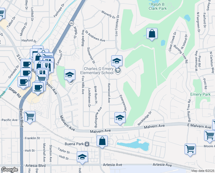 map of restaurants, bars, coffee shops, grocery stores, and more near 5345 Kenwood Avenue in Buena Park
