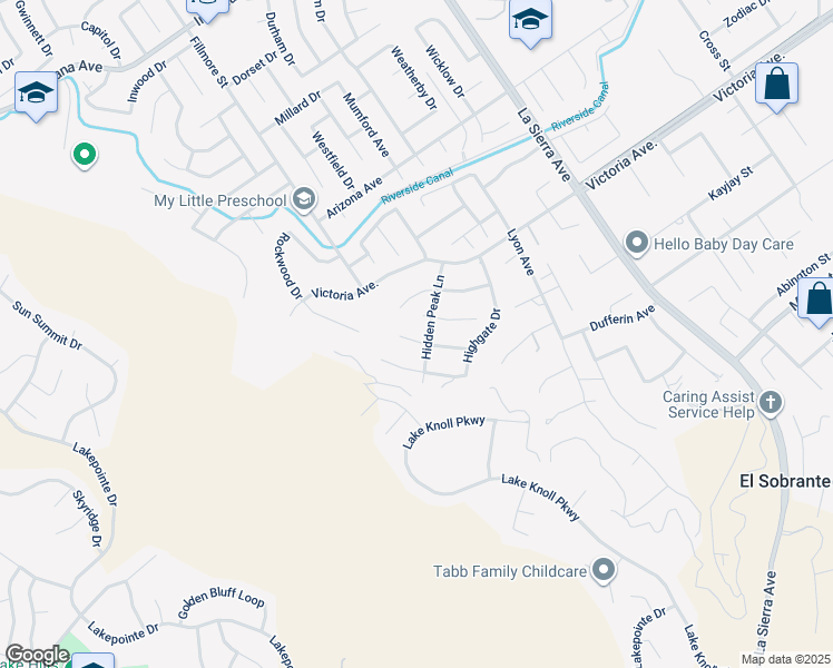 map of restaurants, bars, coffee shops, grocery stores, and more near 17094 Noble View Circle in Riverside