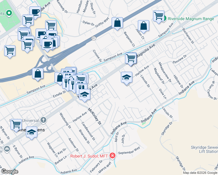 map of restaurants, bars, coffee shops, grocery stores, and more near 12880 Magnolia Avenue in Riverside