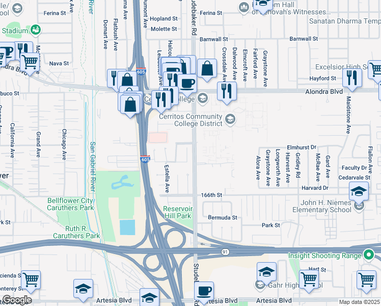map of restaurants, bars, coffee shops, grocery stores, and more near in Cerritos