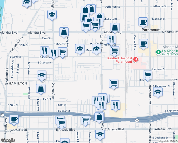 map of restaurants, bars, coffee shops, grocery stores, and more near 16601 Garfield Avenue in Paramount