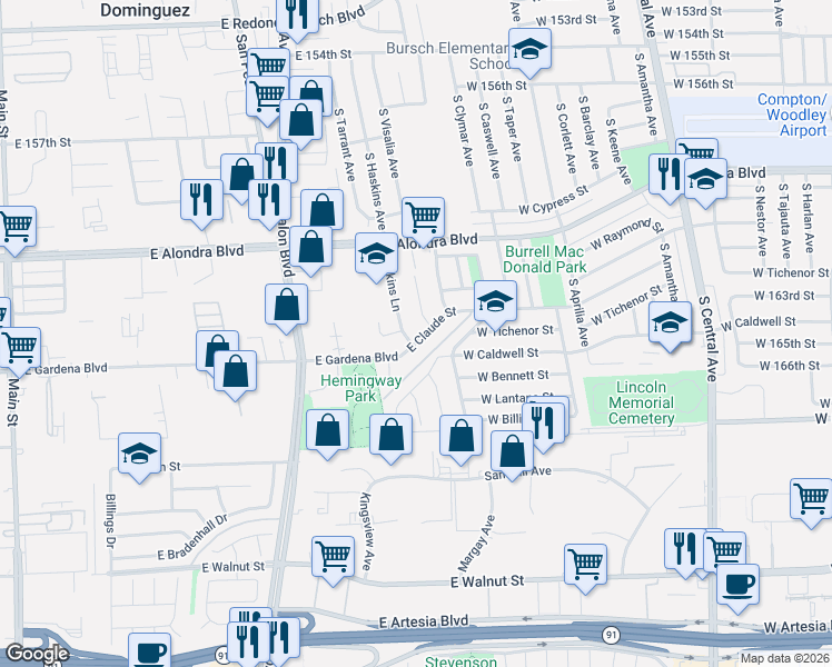 map of restaurants, bars, coffee shops, grocery stores, and more near 825 East Claude Street in Carson