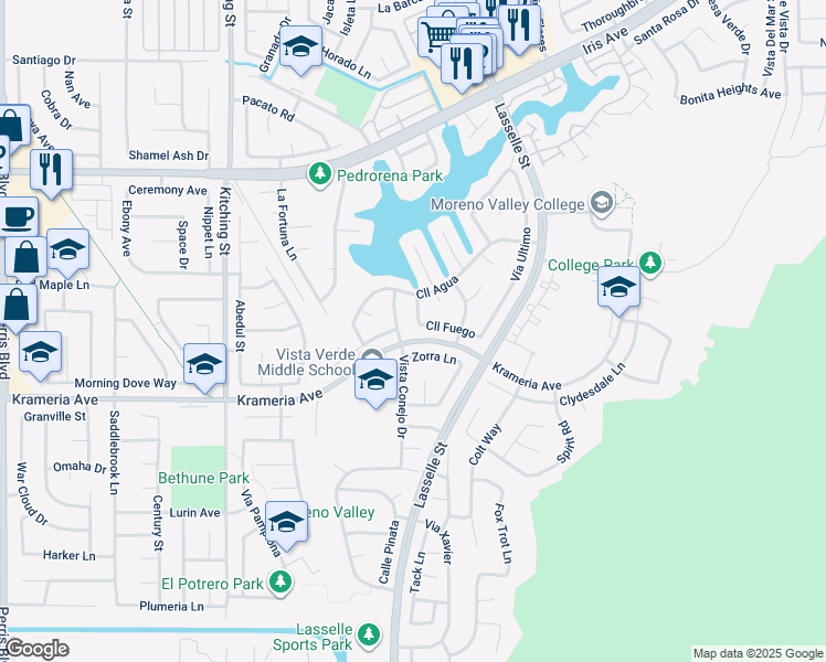 map of restaurants, bars, coffee shops, grocery stores, and more near 16335 Vía Impresso in Moreno Valley