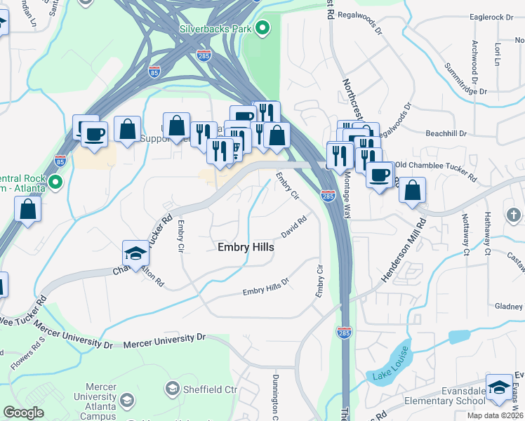 map of restaurants, bars, coffee shops, grocery stores, and more near 3268 Chase Road in Chamblee