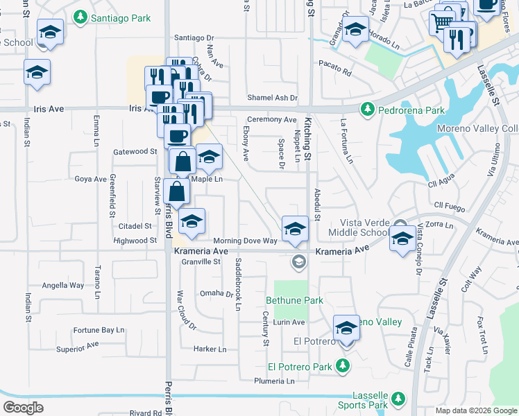 map of restaurants, bars, coffee shops, grocery stores, and more near 16398 Heather Glen Road in Moreno Valley