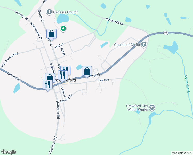 map of restaurants, bars, coffee shops, grocery stores, and more near 1085 Athens Road in Crawford