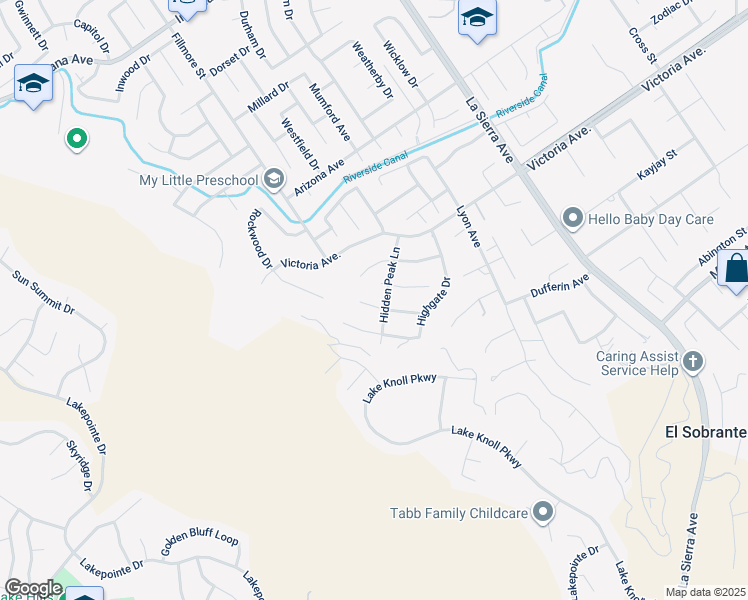 map of restaurants, bars, coffee shops, grocery stores, and more near 17094 Noble View Circle in Riverside