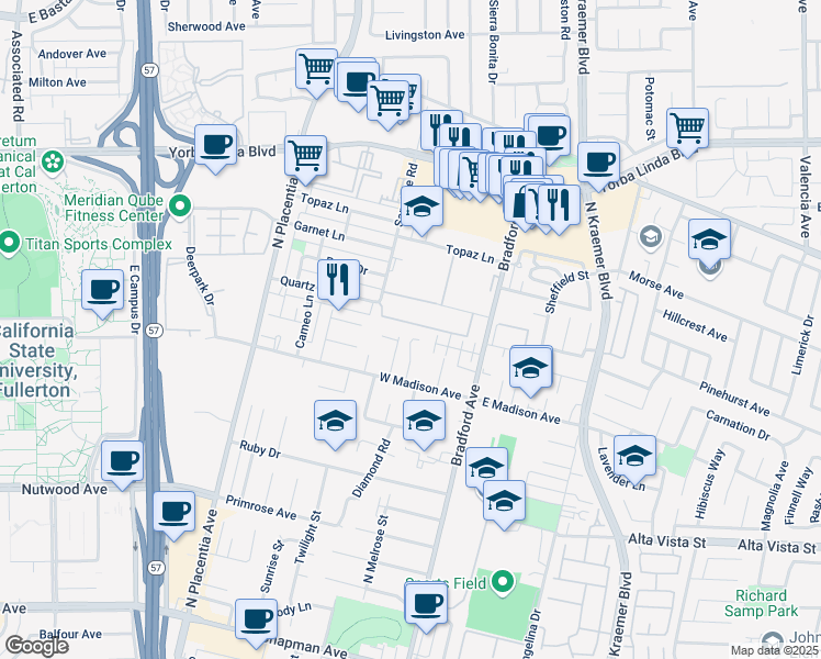 map of restaurants, bars, coffee shops, grocery stores, and more near 1047 Lawanda Place in Placentia