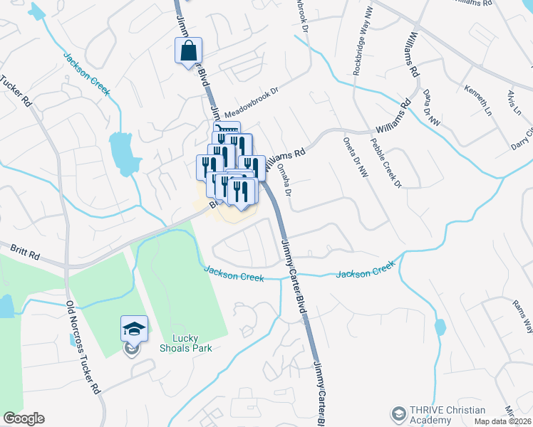 map of restaurants, bars, coffee shops, grocery stores, and more near 6784 Wandering Way Northwest in Norcross