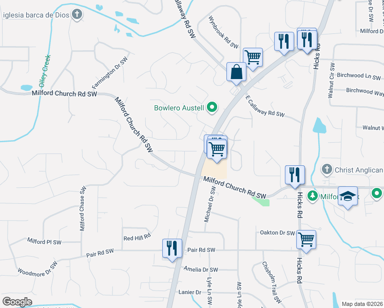 map of restaurants, bars, coffee shops, grocery stores, and more near 1276 Willamette Way in Marietta