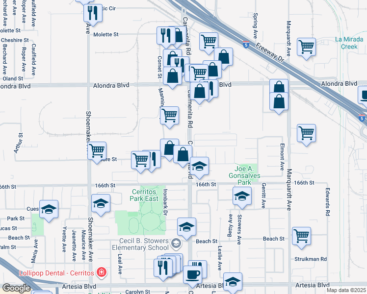 map of restaurants, bars, coffee shops, grocery stores, and more near 16341 Carmenita Road in Cerritos