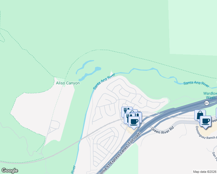 map of restaurants, bars, coffee shops, grocery stores, and more near 4857 Golden Ridge Drive in Corona