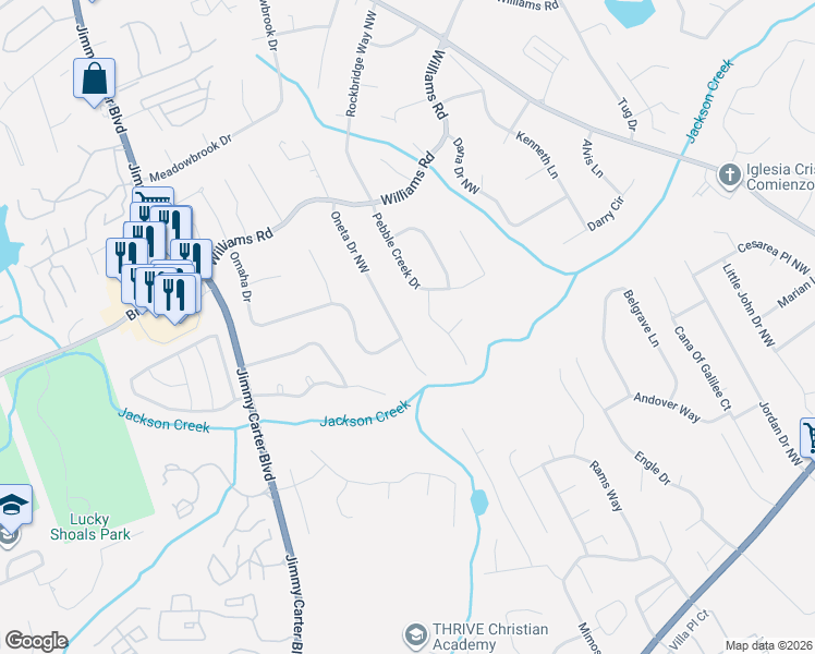 map of restaurants, bars, coffee shops, grocery stores, and more near 676 Deerfield Lane in Norcross