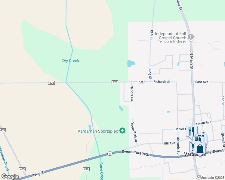 map of restaurants, bars, coffee shops, grocery stores, and more near 300-314 County Road 428 in Vardaman