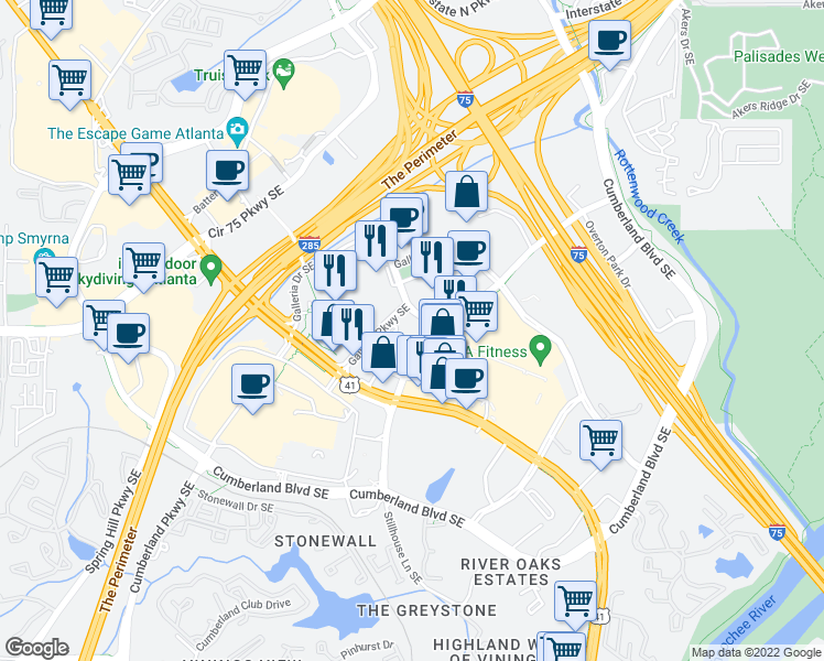 map of restaurants, bars, coffee shops, grocery stores, and more near 700 Galleria Parkway Southeast in Atlanta