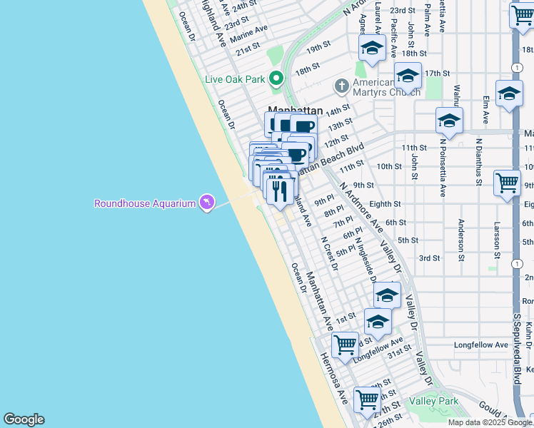 map of restaurants, bars, coffee shops, grocery stores, and more near 1020 North The Strand in Manhattan Beach