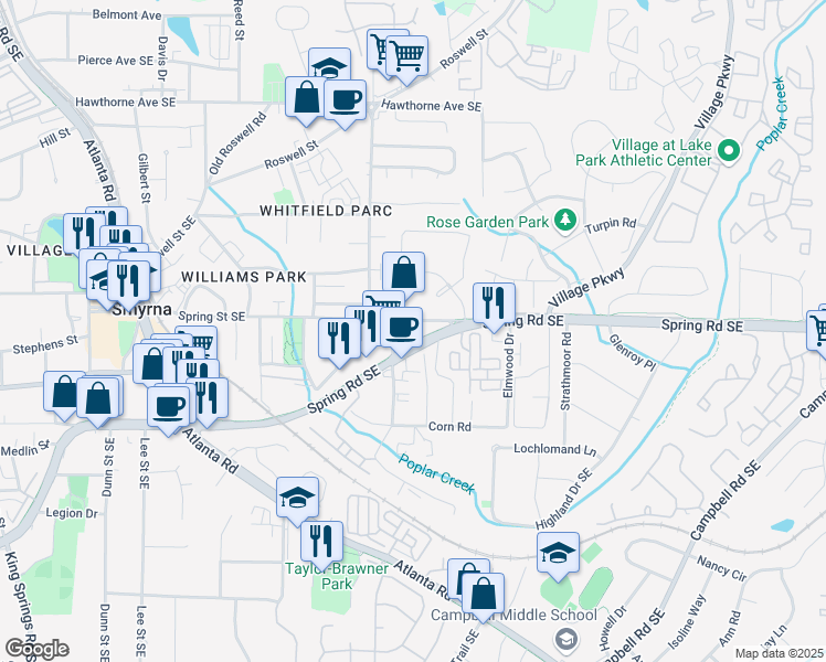 map of restaurants, bars, coffee shops, grocery stores, and more near 1711 Spring Road Southeast in Smyrna