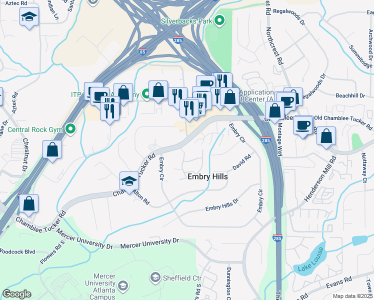map of restaurants, bars, coffee shops, grocery stores, and more near 3200 Oakwood Village Lane in Chamblee