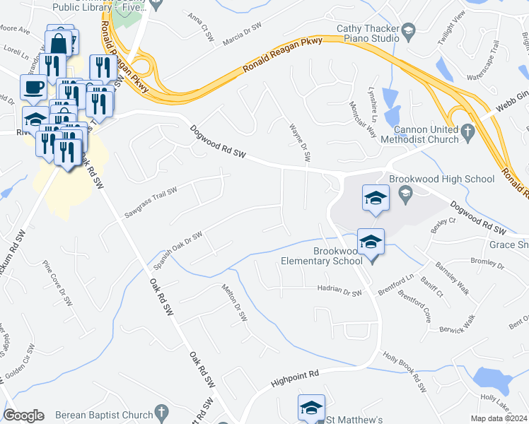 map of restaurants, bars, coffee shops, grocery stores, and more near 2776 Spanish Oak Drive Southwest in Lilburn