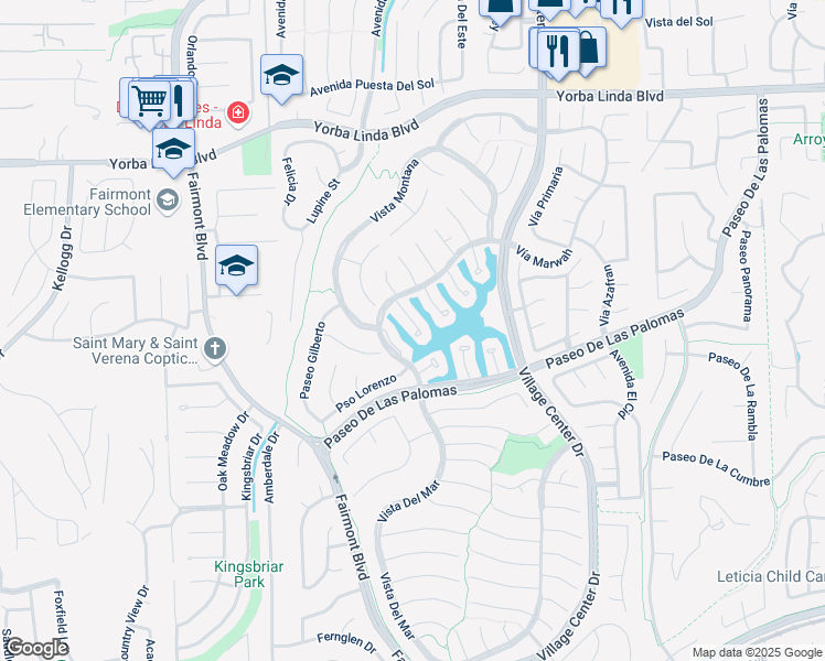 map of restaurants, bars, coffee shops, grocery stores, and more near 5381 Vía Morena in Yorba Linda