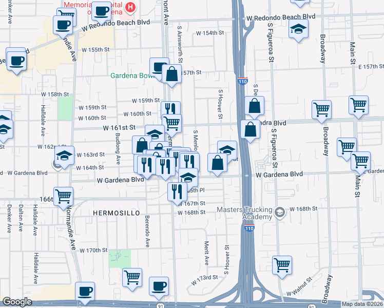 map of restaurants, bars, coffee shops, grocery stores, and more near 16226 South Ainsworth Street in Gardena