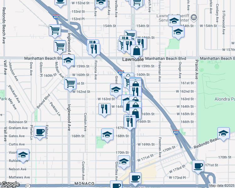 map of restaurants, bars, coffee shops, grocery stores, and more near 16202 Grevillea Avenue in Lawndale
