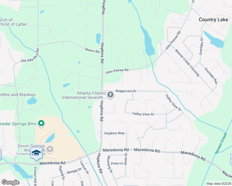 map of restaurants, bars, coffee shops, grocery stores, and more near 3533 Ridgecrest Drive in Powder Springs