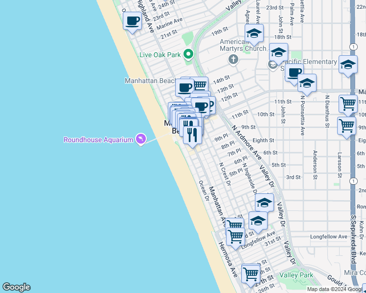 map of restaurants, bars, coffee shops, grocery stores, and more near 1000 The Strand in Manhattan Beach