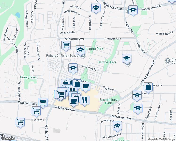 map of restaurants, bars, coffee shops, grocery stores, and more near 2062 Hetebrink Street in Fullerton