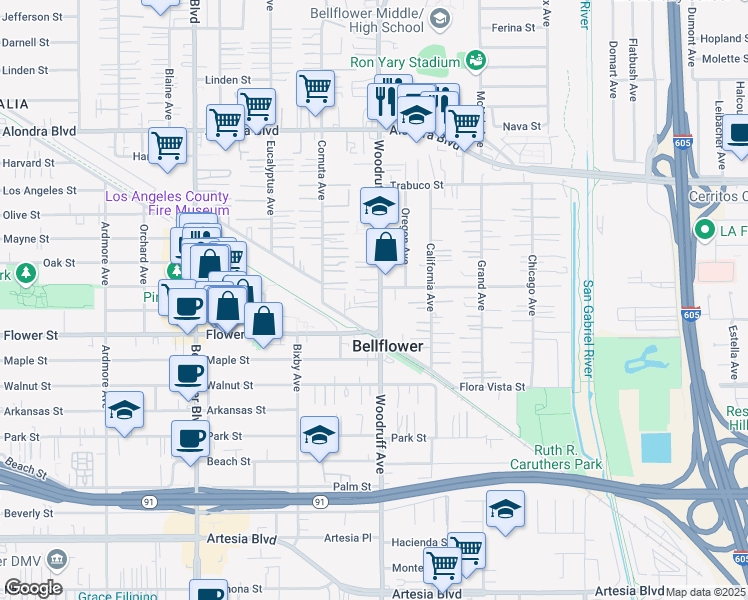 map of restaurants, bars, coffee shops, grocery stores, and more near 16459 Woodruff Avenue in Bellflower