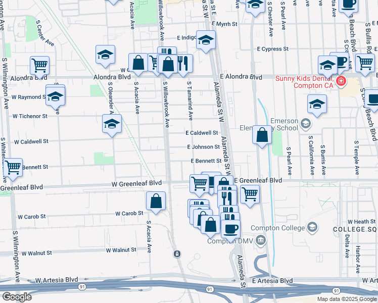 map of restaurants, bars, coffee shops, grocery stores, and more near 1400 South Tamarind Avenue in Compton