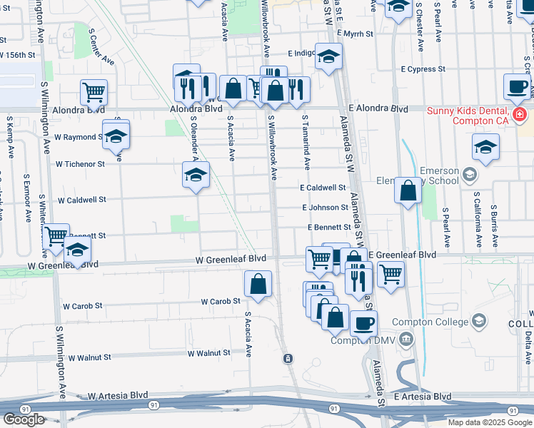 map of restaurants, bars, coffee shops, grocery stores, and more near 109 West Johnson Street in Compton