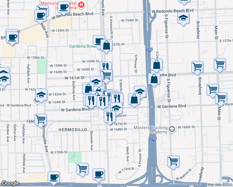 map of restaurants, bars, coffee shops, grocery stores, and more near 16226 South Ainsworth Street in Gardena