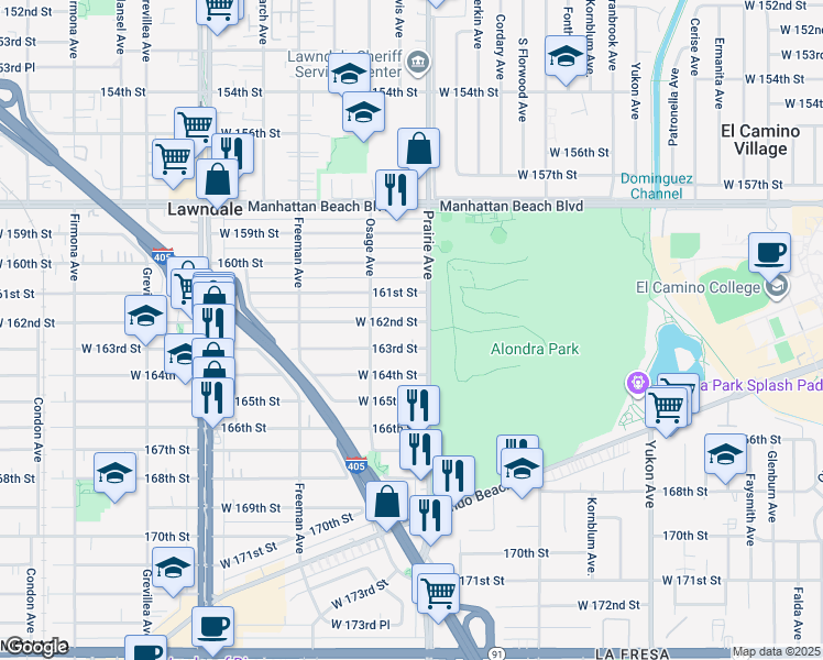 map of restaurants, bars, coffee shops, grocery stores, and more near 4006 West 162nd Street in Lawndale