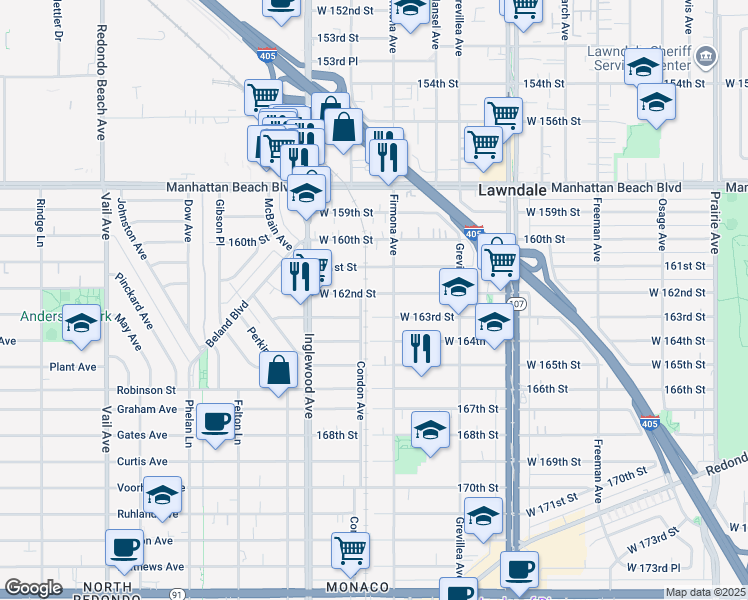 map of restaurants, bars, coffee shops, grocery stores, and more near 4702 West 162nd Street in Lawndale