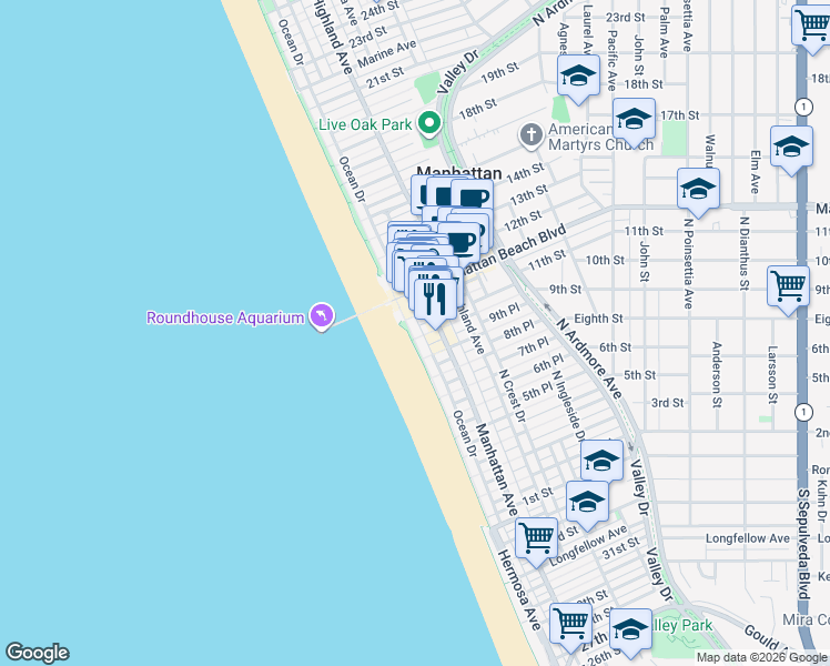 map of restaurants, bars, coffee shops, grocery stores, and more near 1000 The Strand in Manhattan Beach