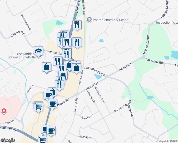 map of restaurants, bars, coffee shops, grocery stores, and more near 1719 Ridgedale Drive in Snellville