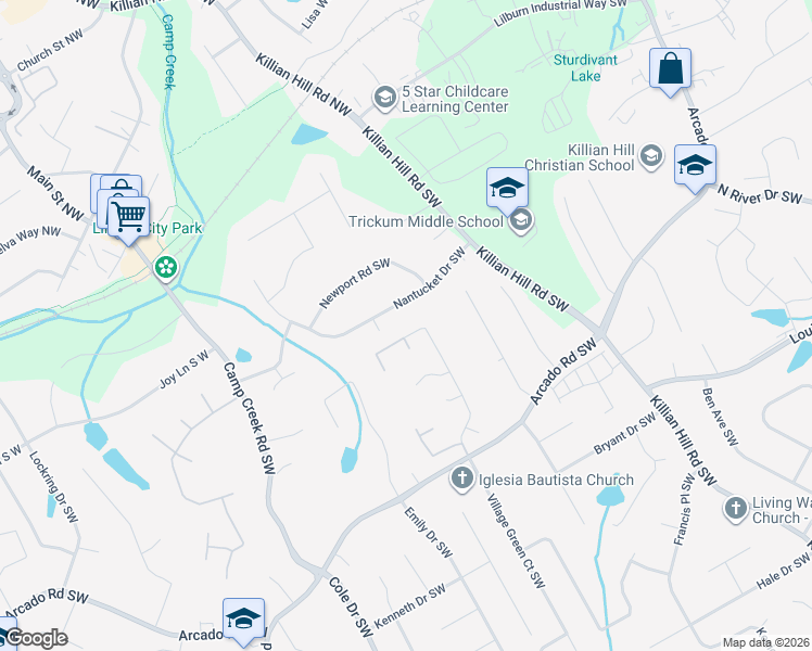 map of restaurants, bars, coffee shops, grocery stores, and more near 120 Village Green Court Southwest in Lilburn