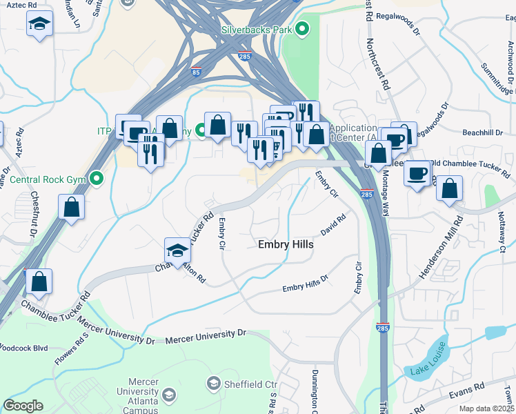 map of restaurants, bars, coffee shops, grocery stores, and more near 3290 Oakwood Village Lane in Atlanta