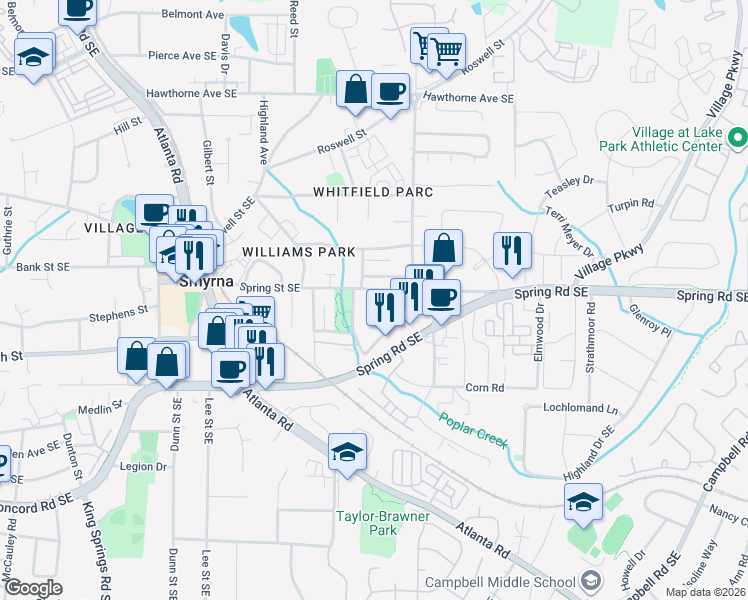 map of restaurants, bars, coffee shops, grocery stores, and more near 1580 Spring Street in Smyrna