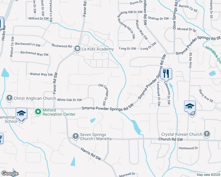map of restaurants, bars, coffee shops, grocery stores, and more near 2810 Old Carriage Drive Southwest in Marietta