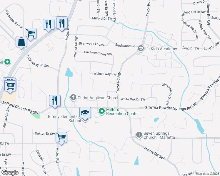 map of restaurants, bars, coffee shops, grocery stores, and more near 2894 Favor Road Southwest in Marietta