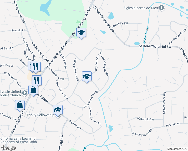 map of restaurants, bars, coffee shops, grocery stores, and more near 2851 Bay Berry Drive Southwest in Marietta