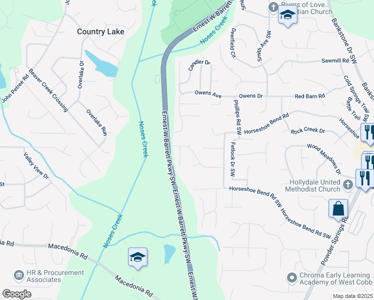 map of restaurants, bars, coffee shops, grocery stores, and more near 2723 Horseshoe Creek Drive in Marietta