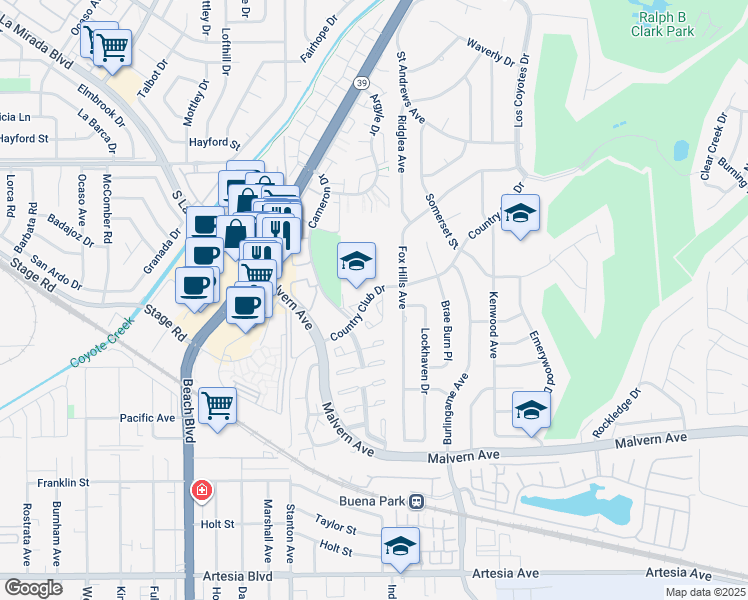 map of restaurants, bars, coffee shops, grocery stores, and more near 5353 Barrett Circle in Buena Park