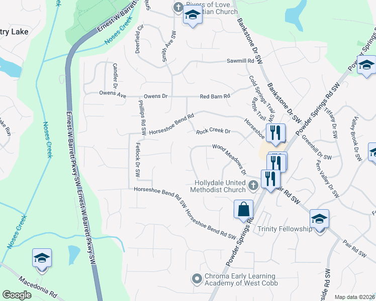 map of restaurants, bars, coffee shops, grocery stores, and more near 2448 Wood Meadows Drive in Marietta