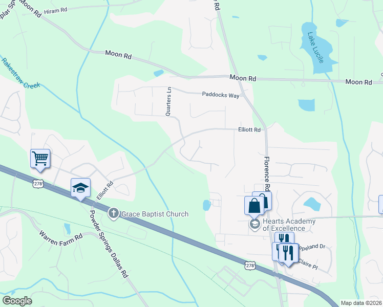 map of restaurants, bars, coffee shops, grocery stores, and more near 3214 Grandiflora Place in Powder Springs