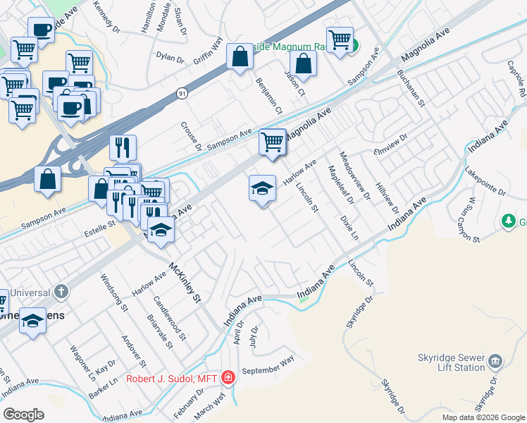map of restaurants, bars, coffee shops, grocery stores, and more near 3754 Harvill Lane in Riverside